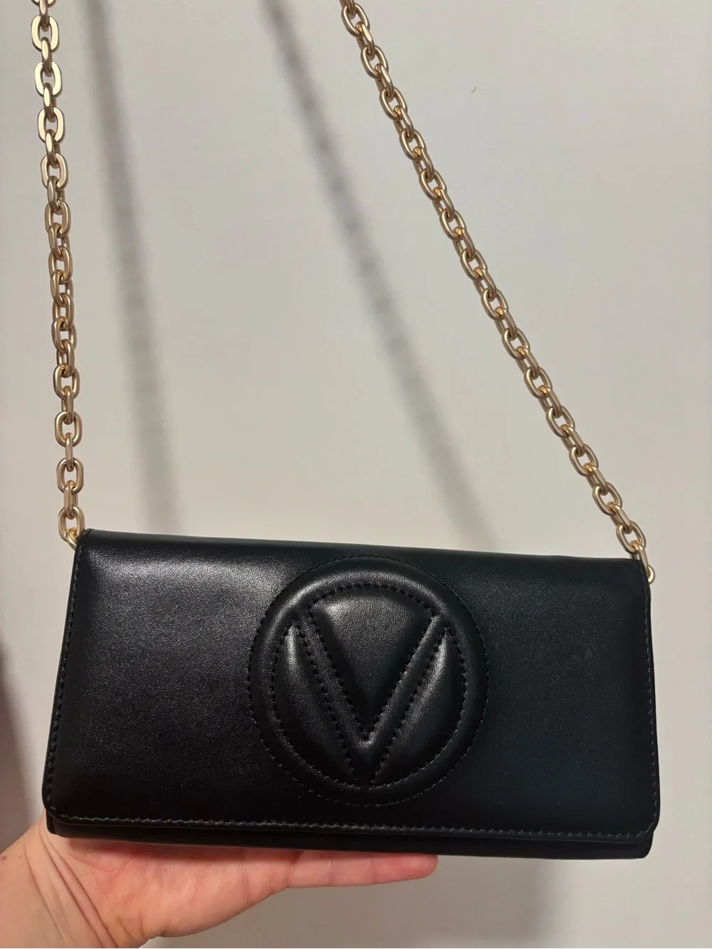 Valentino Black Leather Crossbody with Gold Chain